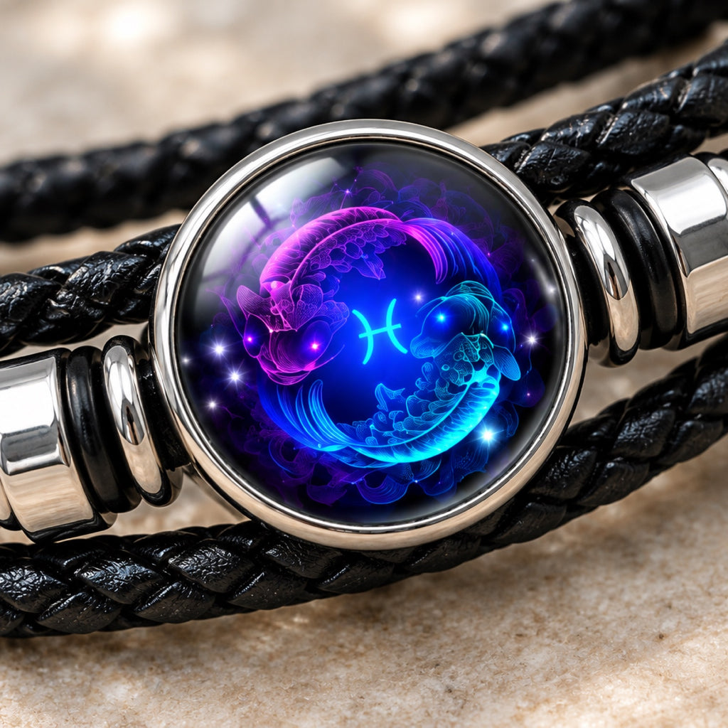 Bracelet Abondance Kaldor — cuir tressé & médaillon du signe