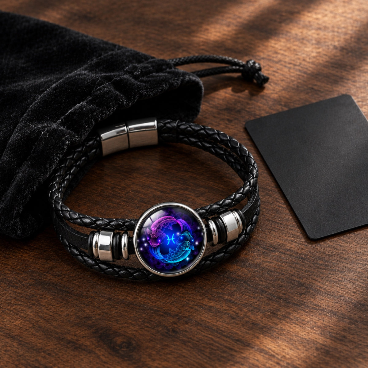 Bracelet Astral Kaldor — cuir tressé & médaillon du signe