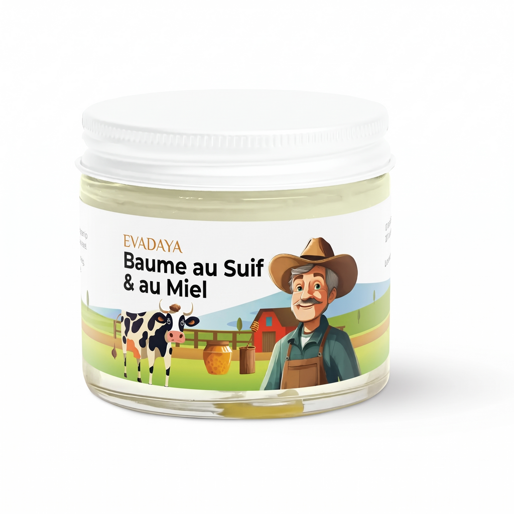Baume au Suif & au Miel Evadaya — pot de référence, ferme, vache et agriculteur