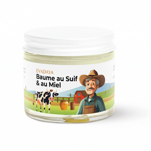 Baume au Suif & au Miel Evadaya — pot de référence, ferme, vache et agriculteur