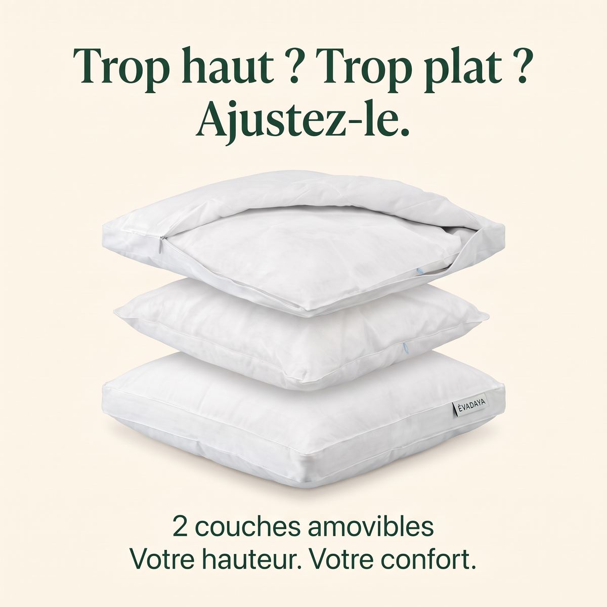Oreiller Evadaya — couches amovibles sans texte superposé
