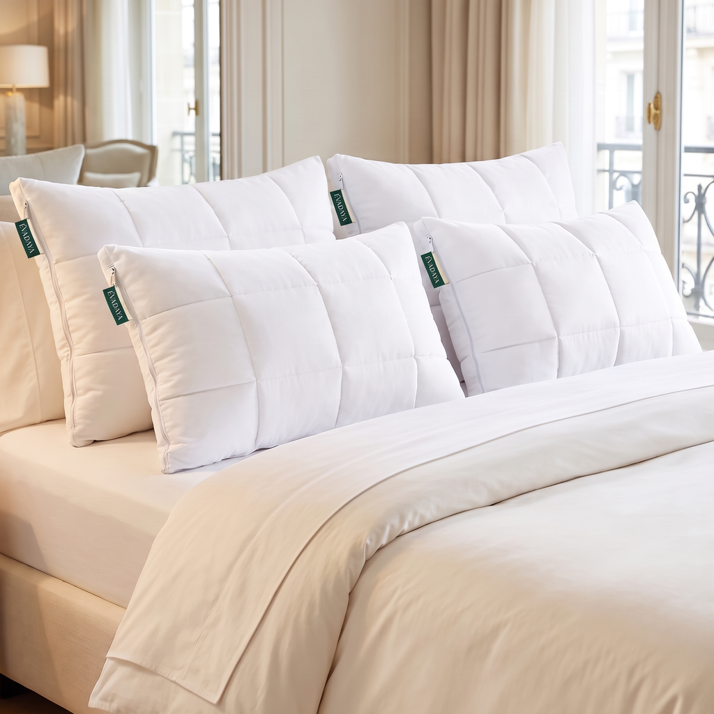 Oreillers Evadaya — tissu blanc et étiquettes de marque