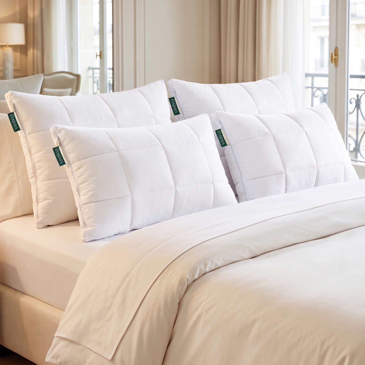 Oreillers Evadaya — tissu blanc et étiquettes de marque