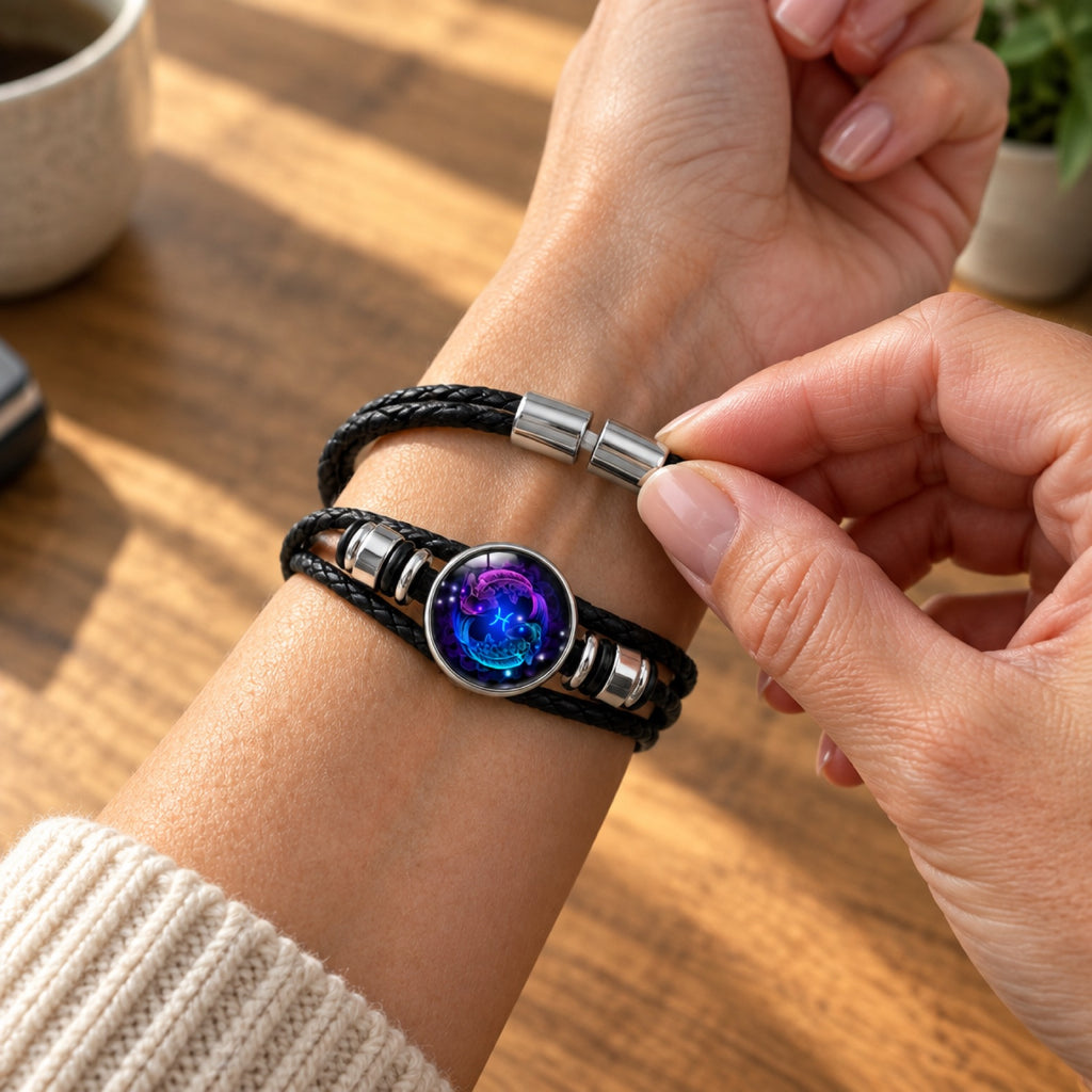 Bracelet Abondance Kaldor — cuir tressé & médaillon du signe