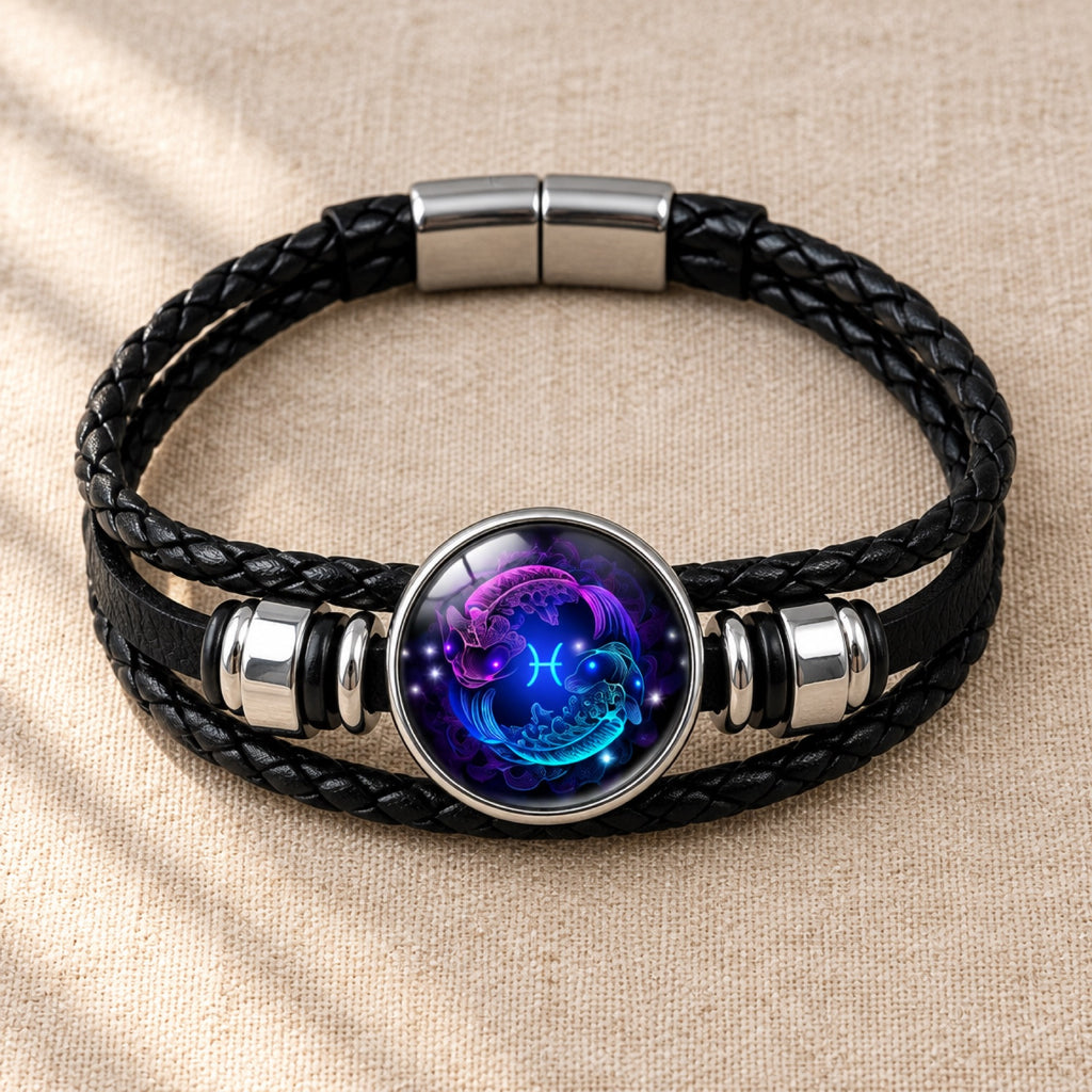 Bracelet Astral Kaldor — cuir tressé & médaillon du signe