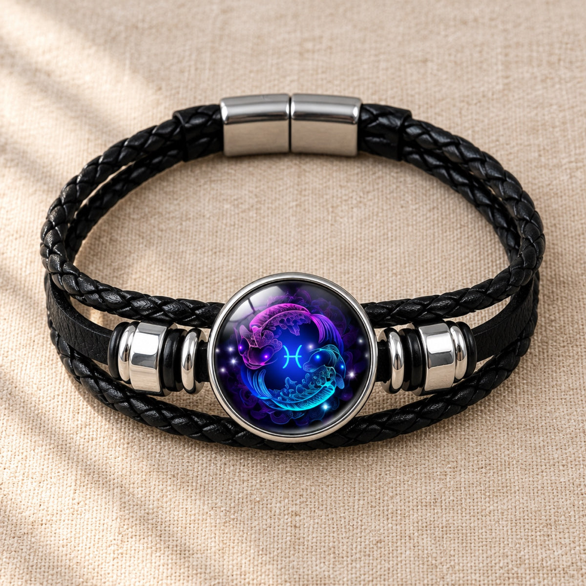 Bracelet Abondance Kaldor — cuir tressé & médaillon du signe